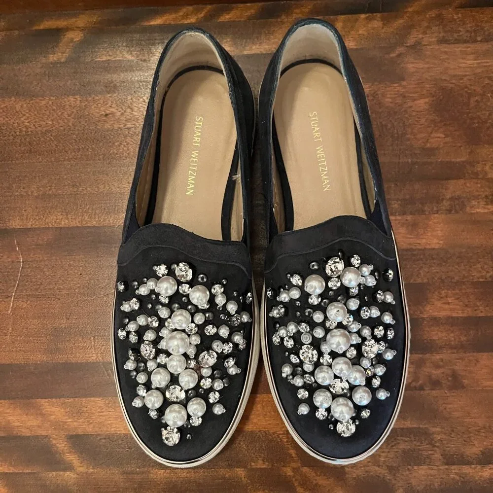 Stuart Weitzman Faux Pearl Crystal Studded Suede Sneakers Luxury Athleisure 5.5